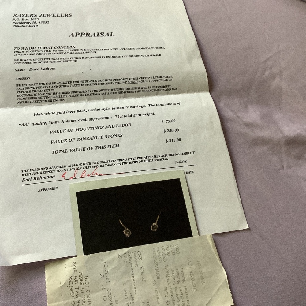 14kt white gold  and tanzanite earrings .see attached appraisal with details. - Picture 3 of 3